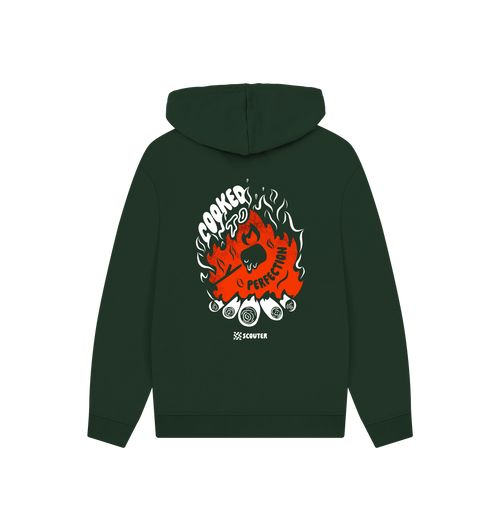 Back of Flaming Marshmallow hoodie in Evergreen. Printed graphic of campfire with marshmallow cooking