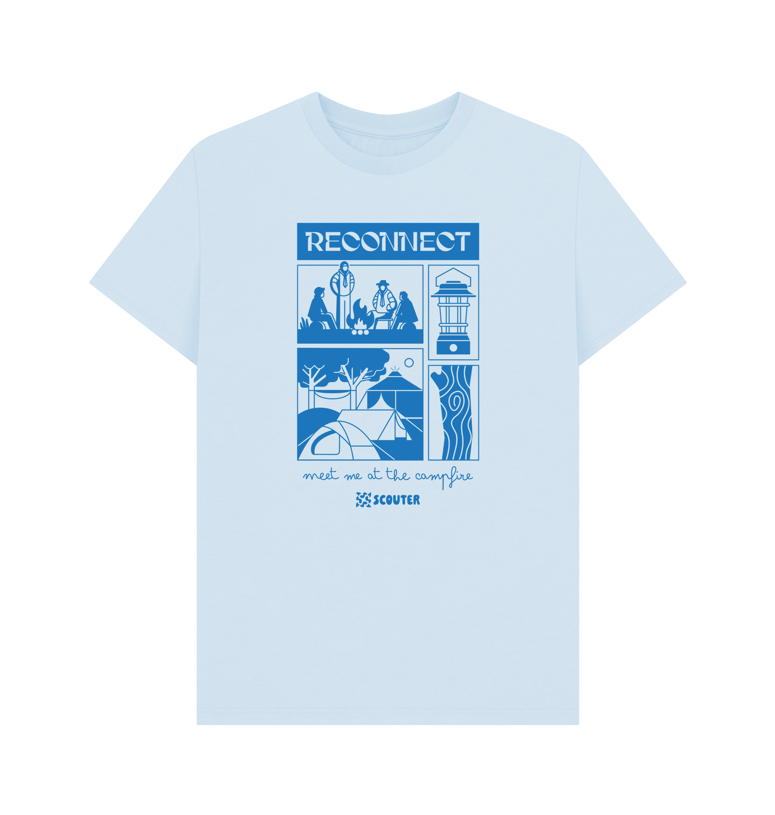Front of sky blue t-shirt. T-shirt features large blue print of Scouts around a campfire, a campsite with tents, a camp lantern and trees. Top text reads 'Reconnect'. Bottom text in cursive reads 'Meet me at the campfire'. Scouter logo sits at the bottom of the design.
