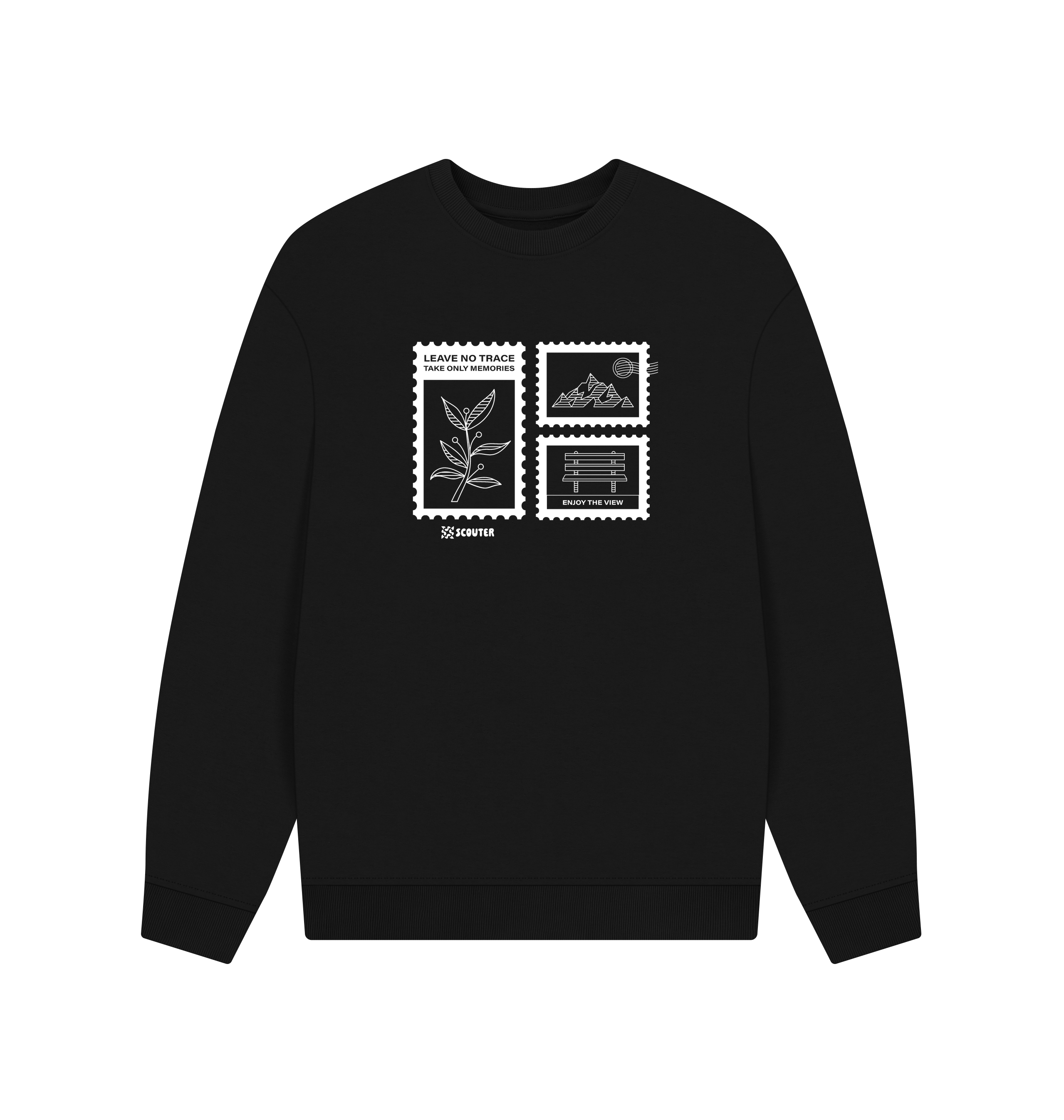 Oversized black Printed Sweater Front showing mountains and plants in a stamp set design. Text reads 'Leave no trace. Take only memories. Enjoy the view'