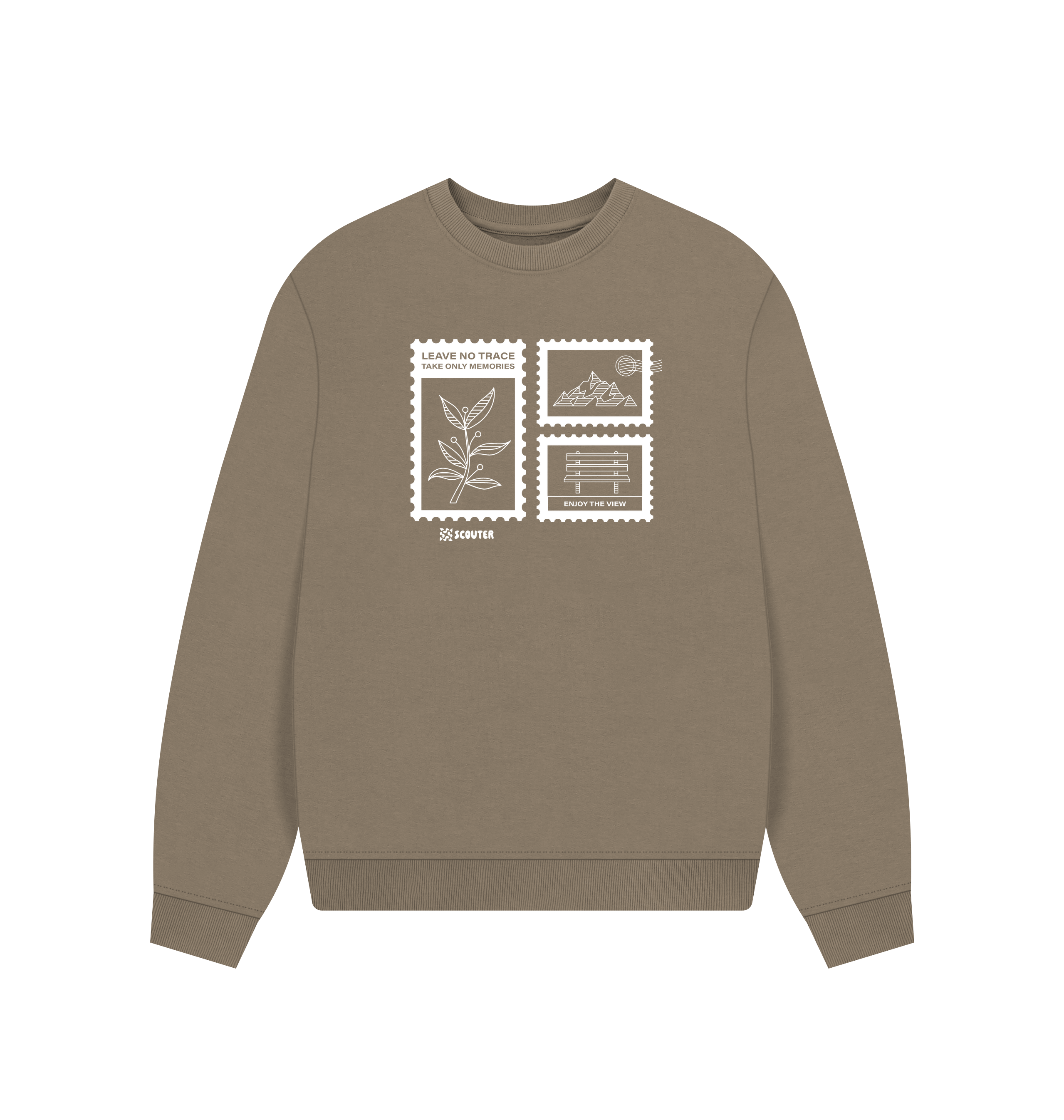 Oversized willow brown Printed Sweater Front showing mountains and plants in a stamp set design. Text reads 'Leave no trace. Take only memories. Enjoy the view'