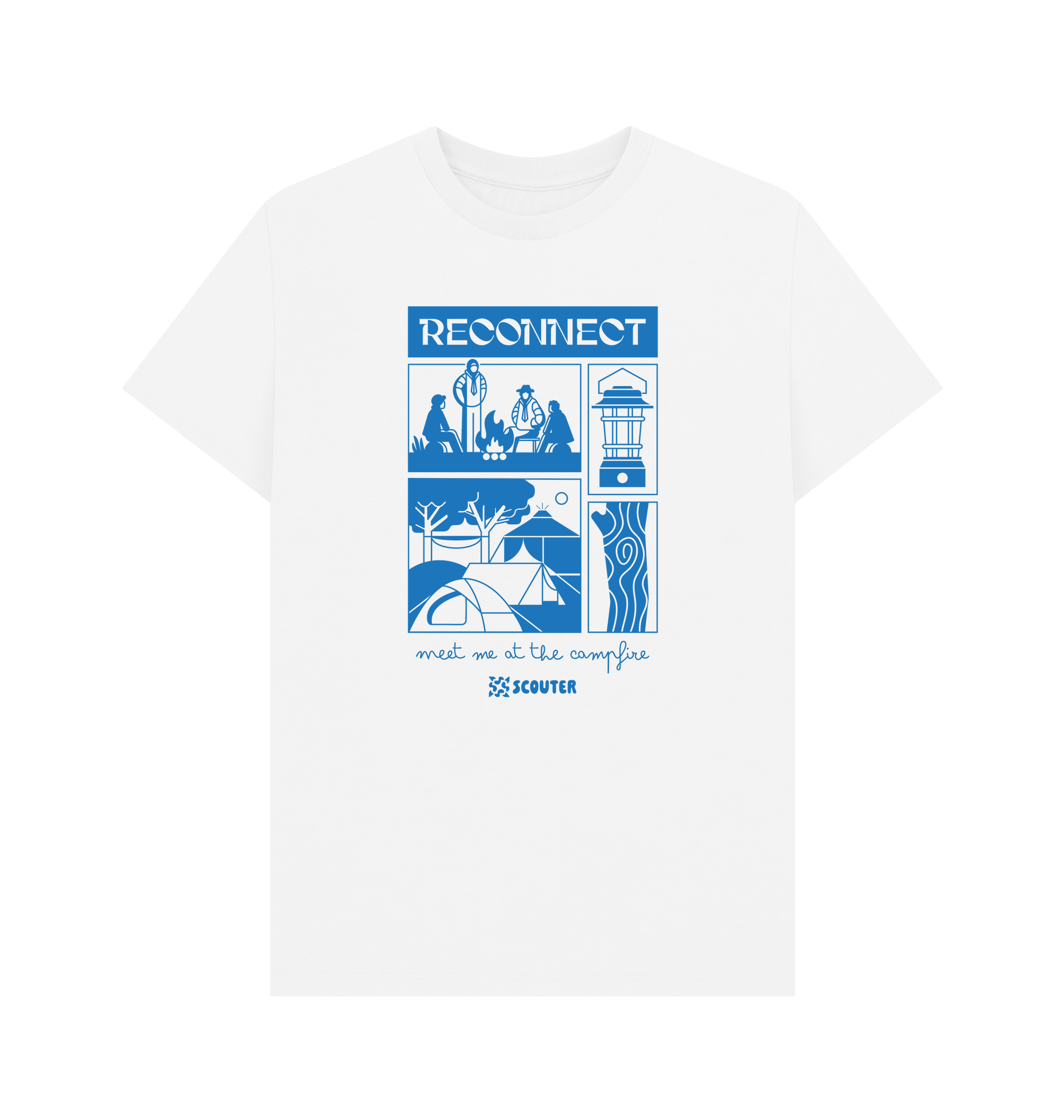 Front of white t-shirt. T-shirt features large blue print of Scouts around a campfire, a campsite with tents, a camp lantern and trees. Top text reads 'Reconnect'. Bottom text in cursive reads 'Meet me at the campfire'. Scouter logo sits at the bottom of the design.