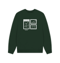 Oversized Evergreen Printed Sweater Front showing mountains and plants in a stamp set design. Text reads 'Leave no trace. Take only memories. Enjoy the view'