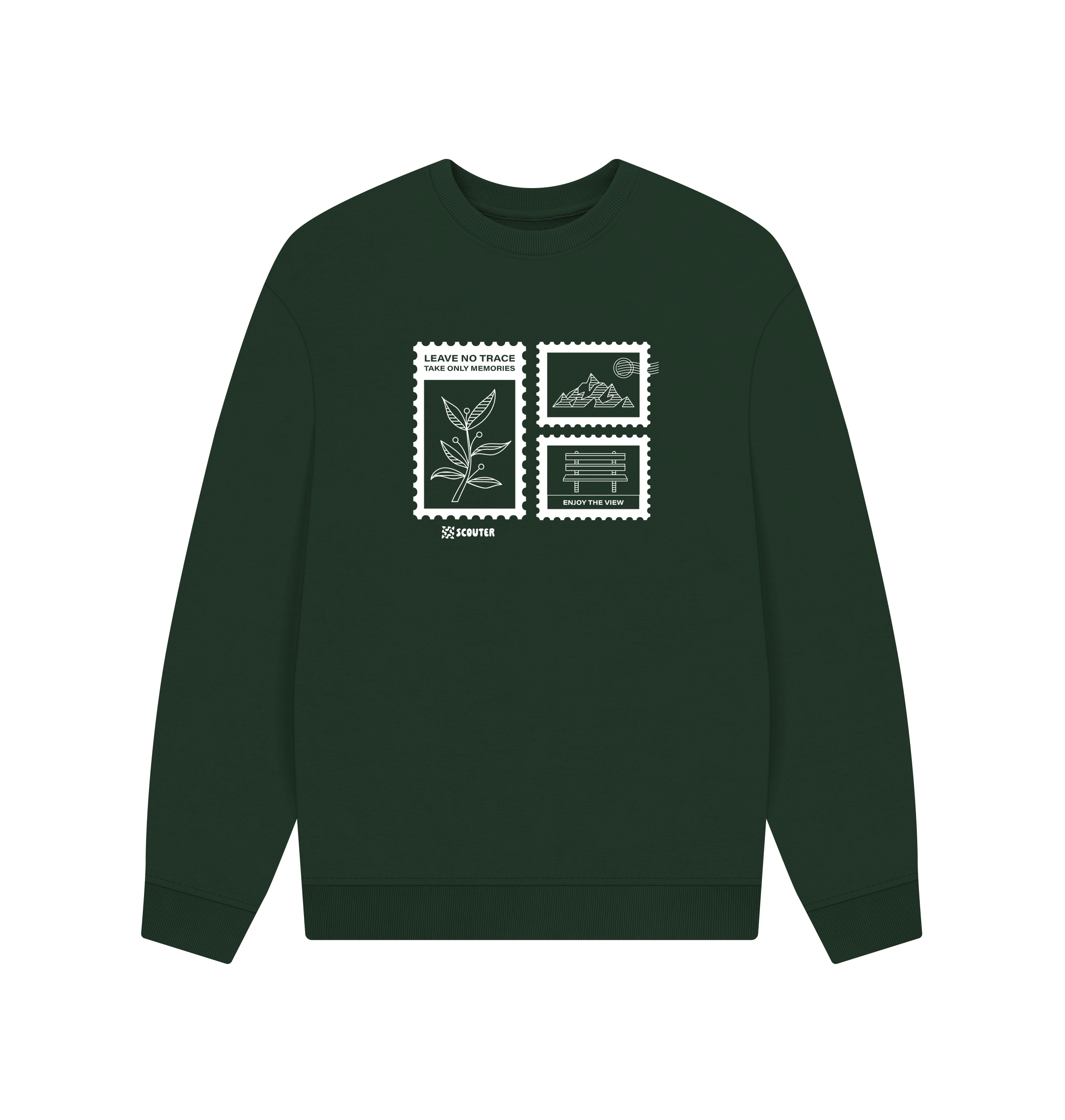 Oversized Evergreen Printed Sweater Front showing mountains and plants in a stamp set design. Text reads 'Leave no trace. Take only memories. Enjoy the view'