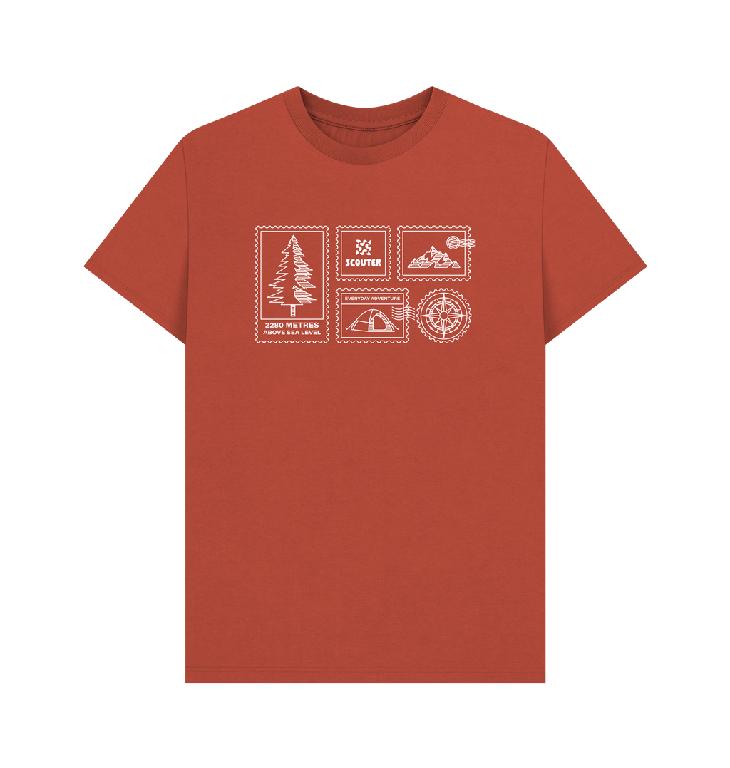 Front of orange-rust coloured unisex t-shirt. Print design shows a pine tree, mountains, compass, tent and Scouter logo displayed as stamps. Graphic is white line art.