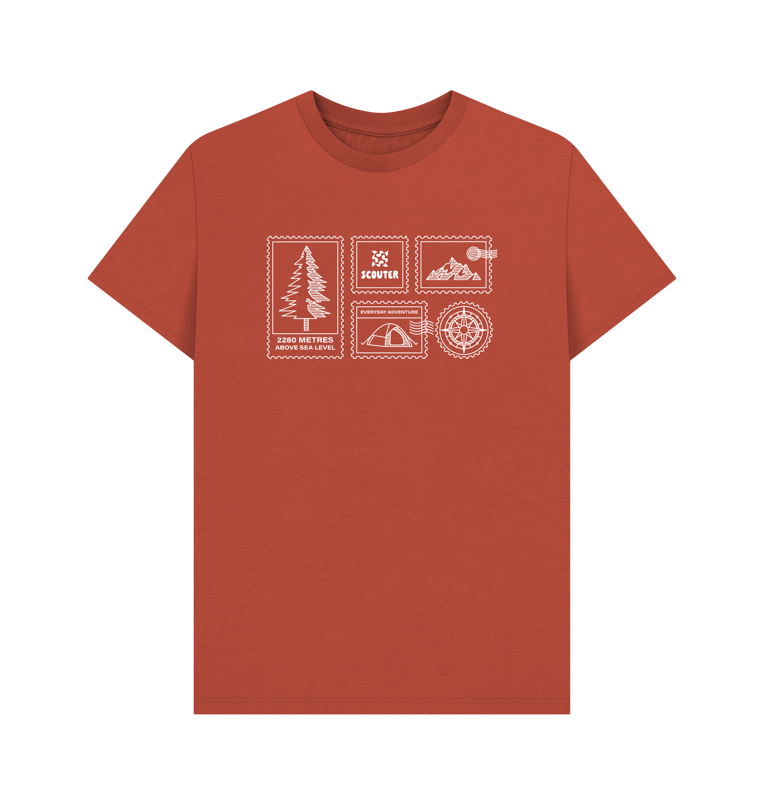 Front of orange-rust coloured unisex t-shirt. Print design shows a pine tree, mountains, compass, tent and Scouter logo displayed as stamps. Graphic is white line art.