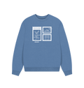 Oversized river blue Printed Sweater Front showing mountains and plants in a stamp set design. Text reads 'Leave no trace. Take only memories. Enjoy the view'