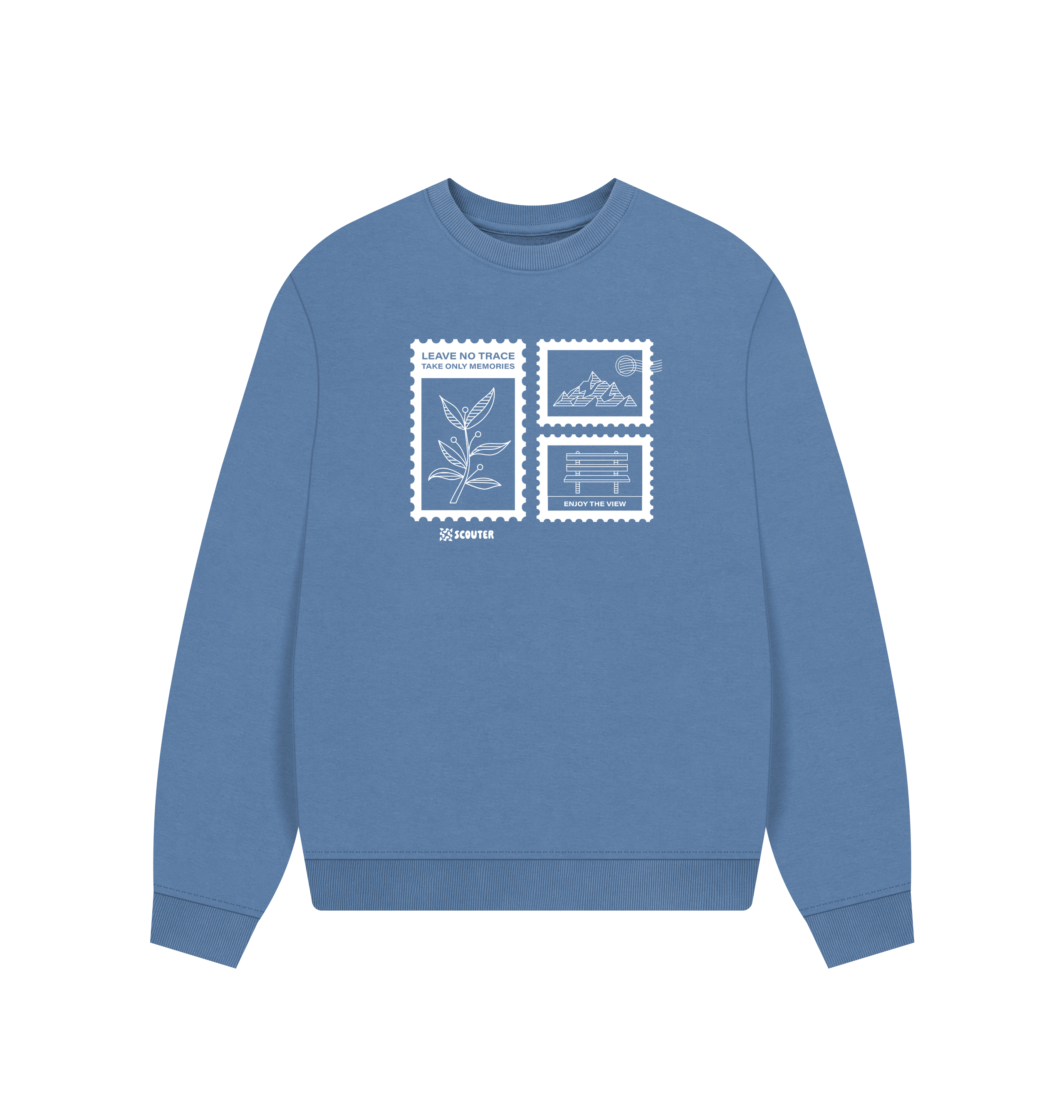 Oversized river blue Printed Sweater Front showing mountains and plants in a stamp set design. Text reads 'Leave no trace. Take only memories. Enjoy the view'