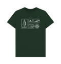 Front of evergreen coloured unisex t-shirt. Print design shows a pine tree, mountains, compass, tent and Scouter logo displayed as stamps. Graphic is white line art.