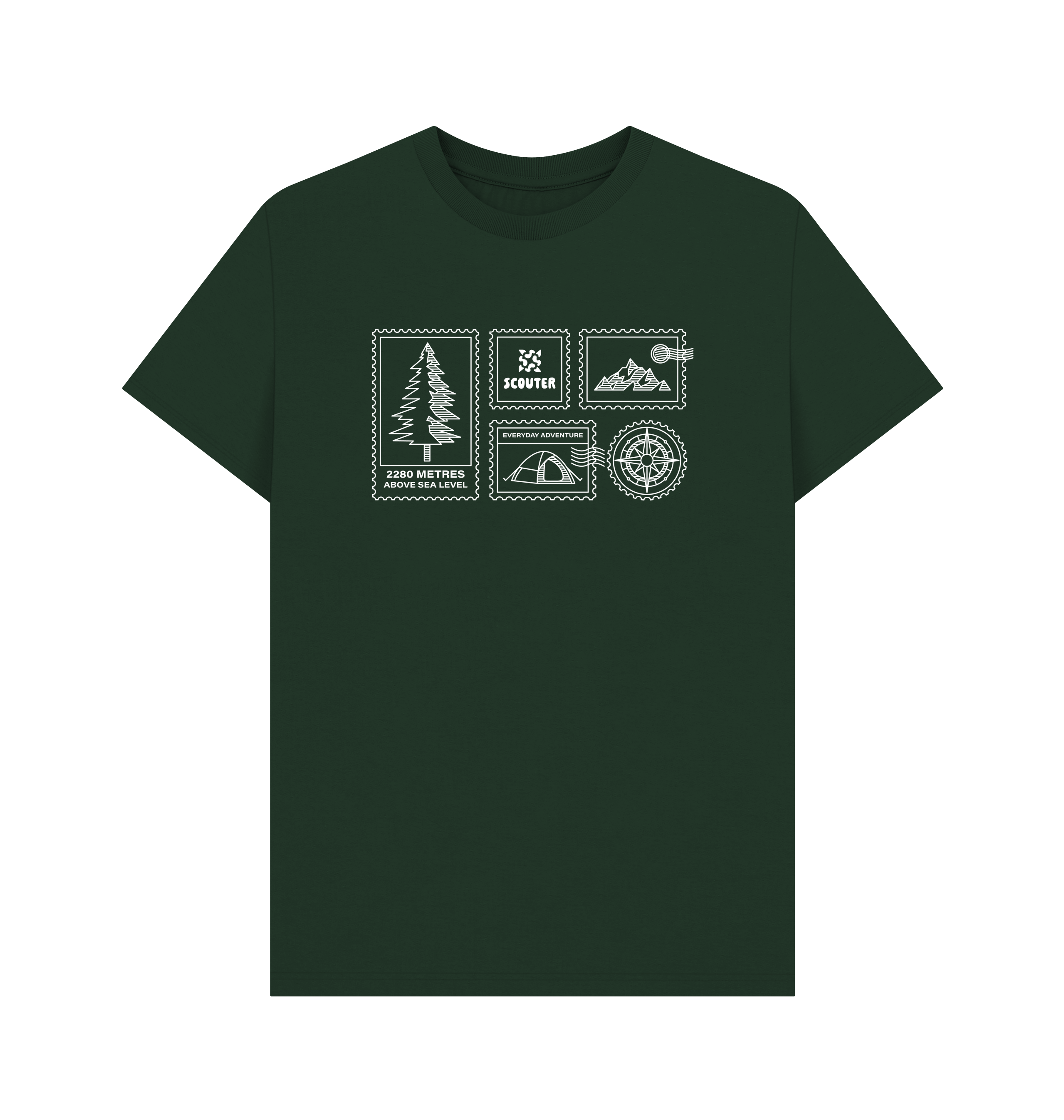 Front of evergreen coloured unisex t-shirt. Print design shows a pine tree, mountains, compass, tent and Scouter logo displayed as stamps. Graphic is white line art.