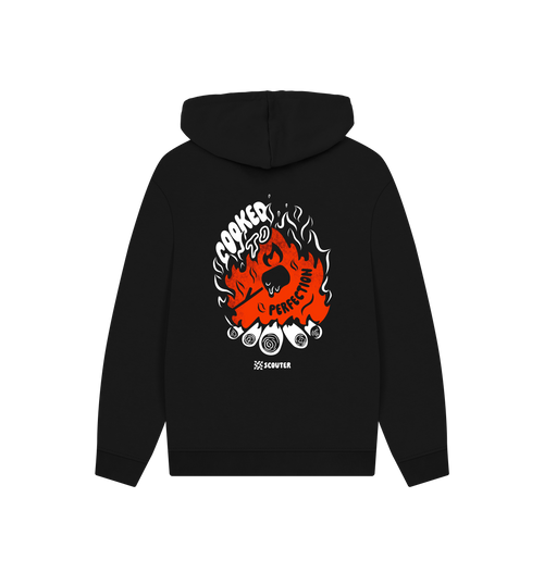 Back of Flaming Marshmallow hoodie in Black. Printed graphic of campfire with marshmallow cooking