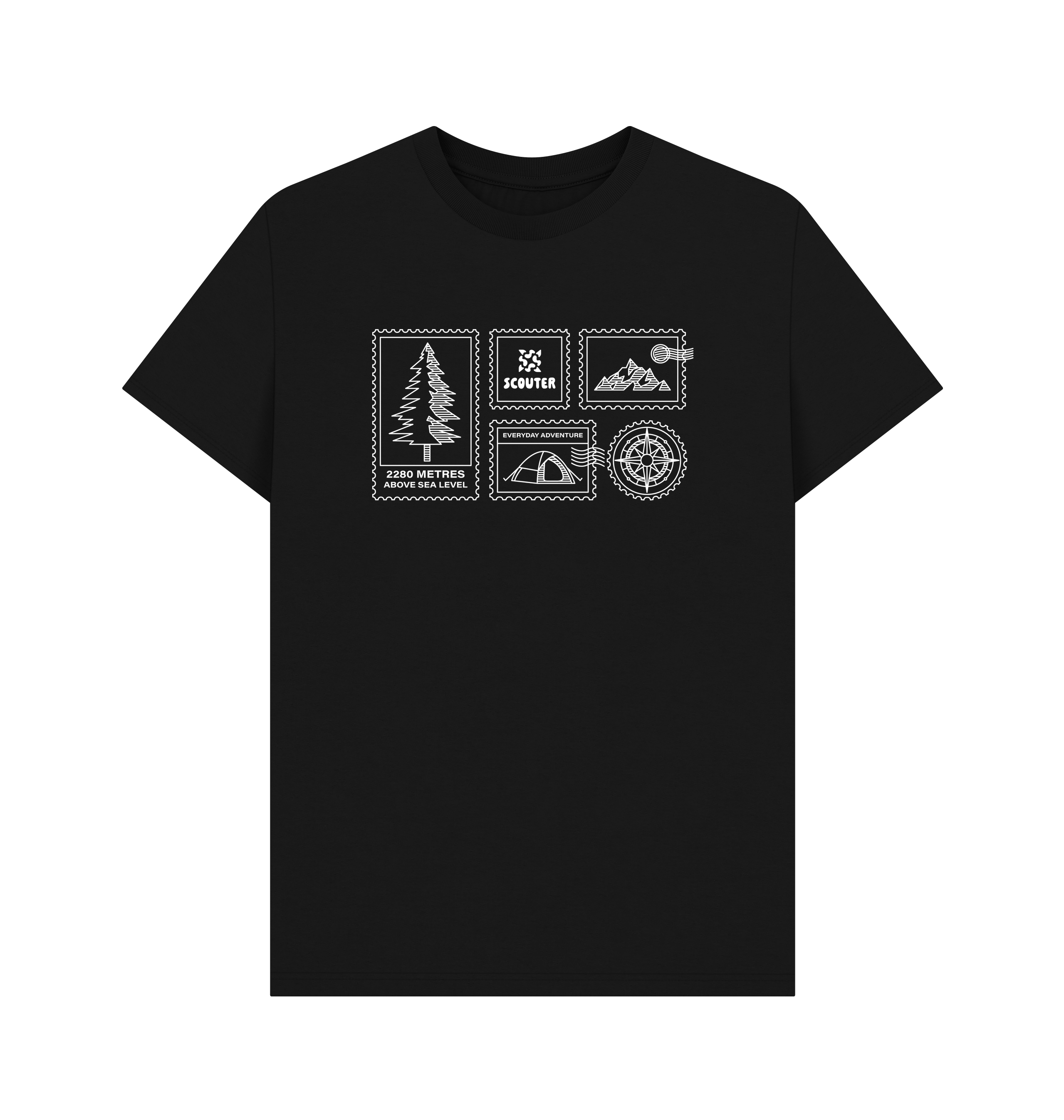 Front of black coloured unisex t-shirt. Print design shows a pine tree, mountains, compass, tent and Scouter logo displayed as stamps. Graphic is white line art.