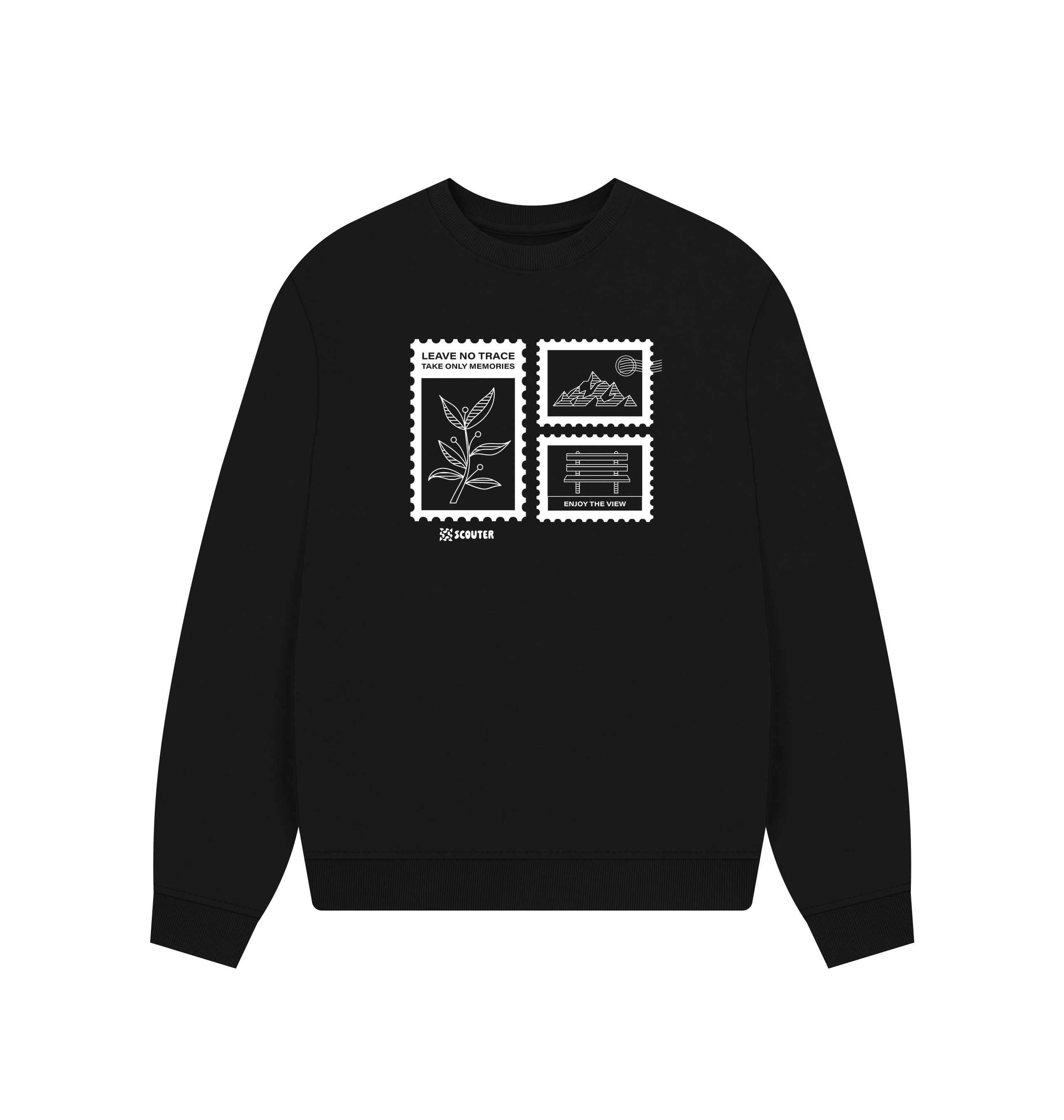 Oversized black Printed Sweater Front showing mountains and plants in a stamp set design. Text reads 'Leave no trace. Take only memories. Enjoy the view'