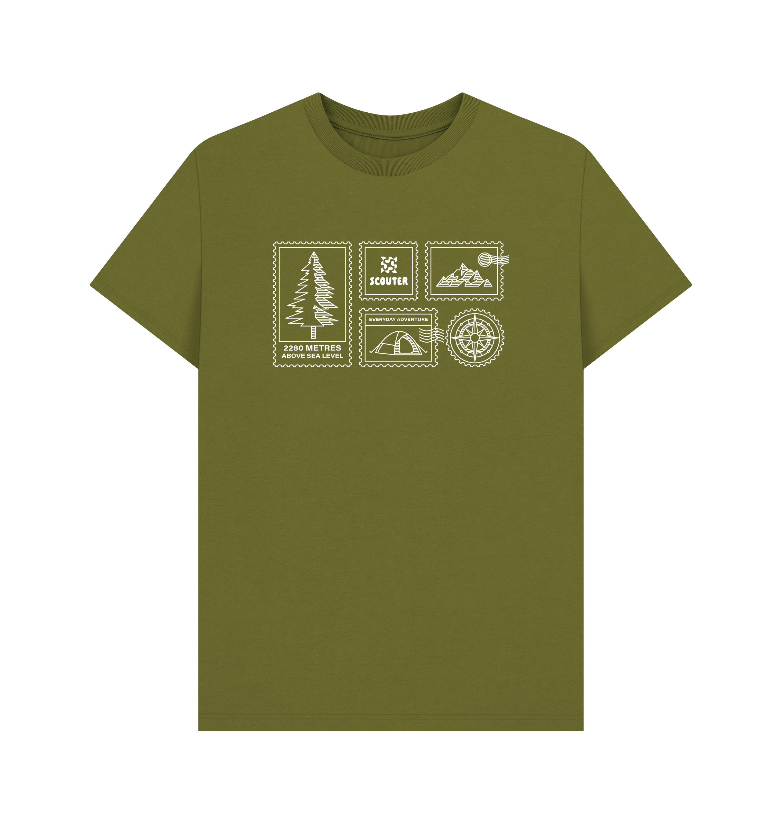 Front of moss green coloured unisex t-shirt. Print design shows a pine tree, mountains, compass, tent and Scouter logo displayed as stamps. Graphic is white line art.