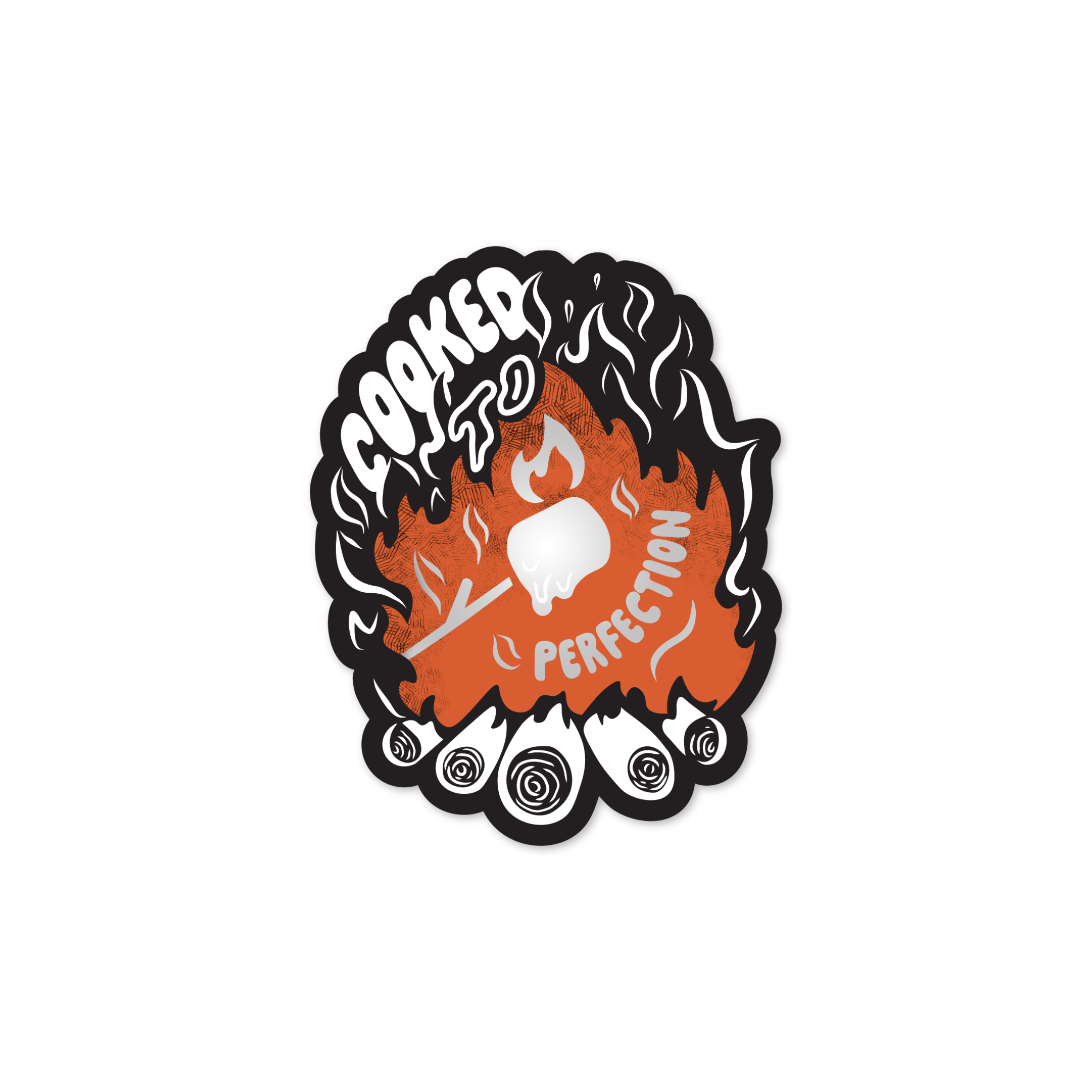 Sticker on a white background. Sticker shows marshmallow cooking over a campfire with the text 'cooked to perfection'.
