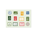 Collection of various stamp-shaped waterproof stickers on a white background. Stickers are hiking, camping, scout and mountain themed.