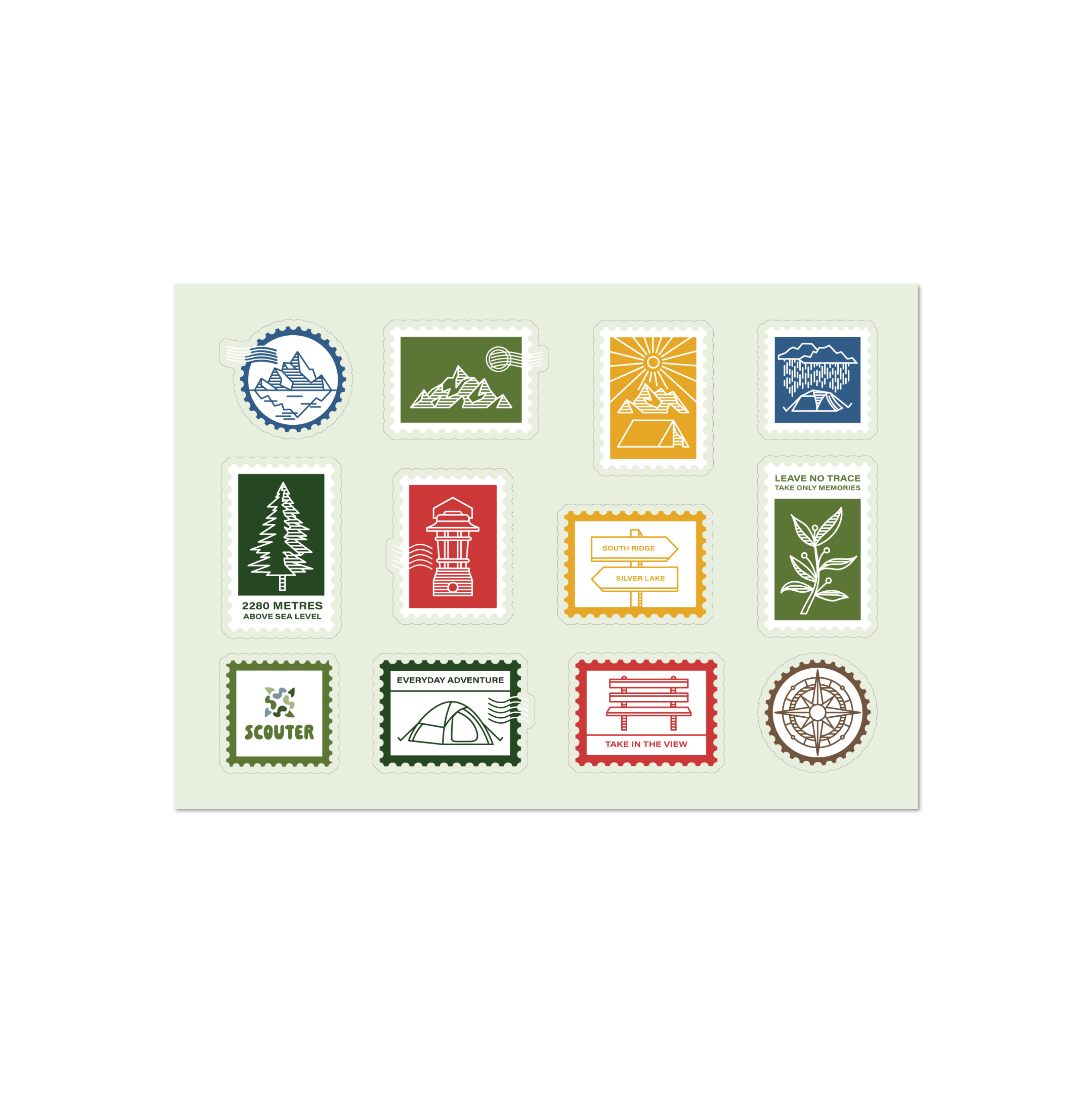 Collection of various stamp-shaped waterproof stickers on a white background. Stickers are hiking, camping, scout and mountain themed.