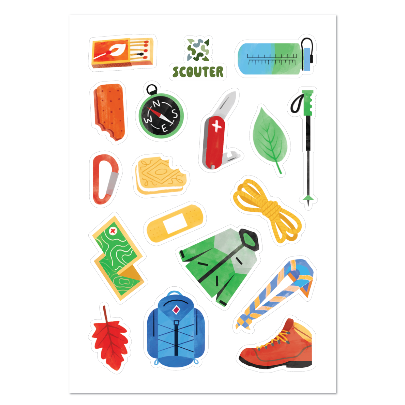 Collection of colorful waterproof hiking scout-related stickers on a white background