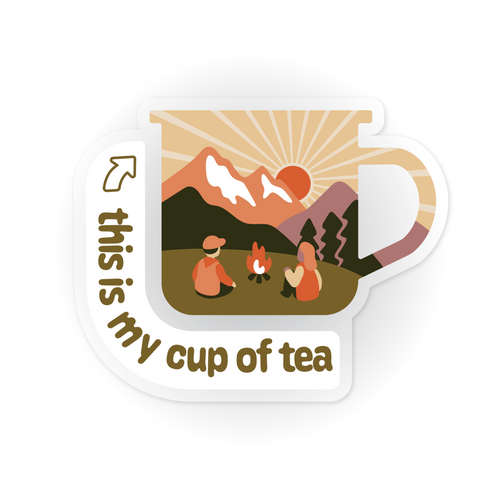 Sticker illustration of a mug with a scenic design and text 'this is my cup of tea' on a white background