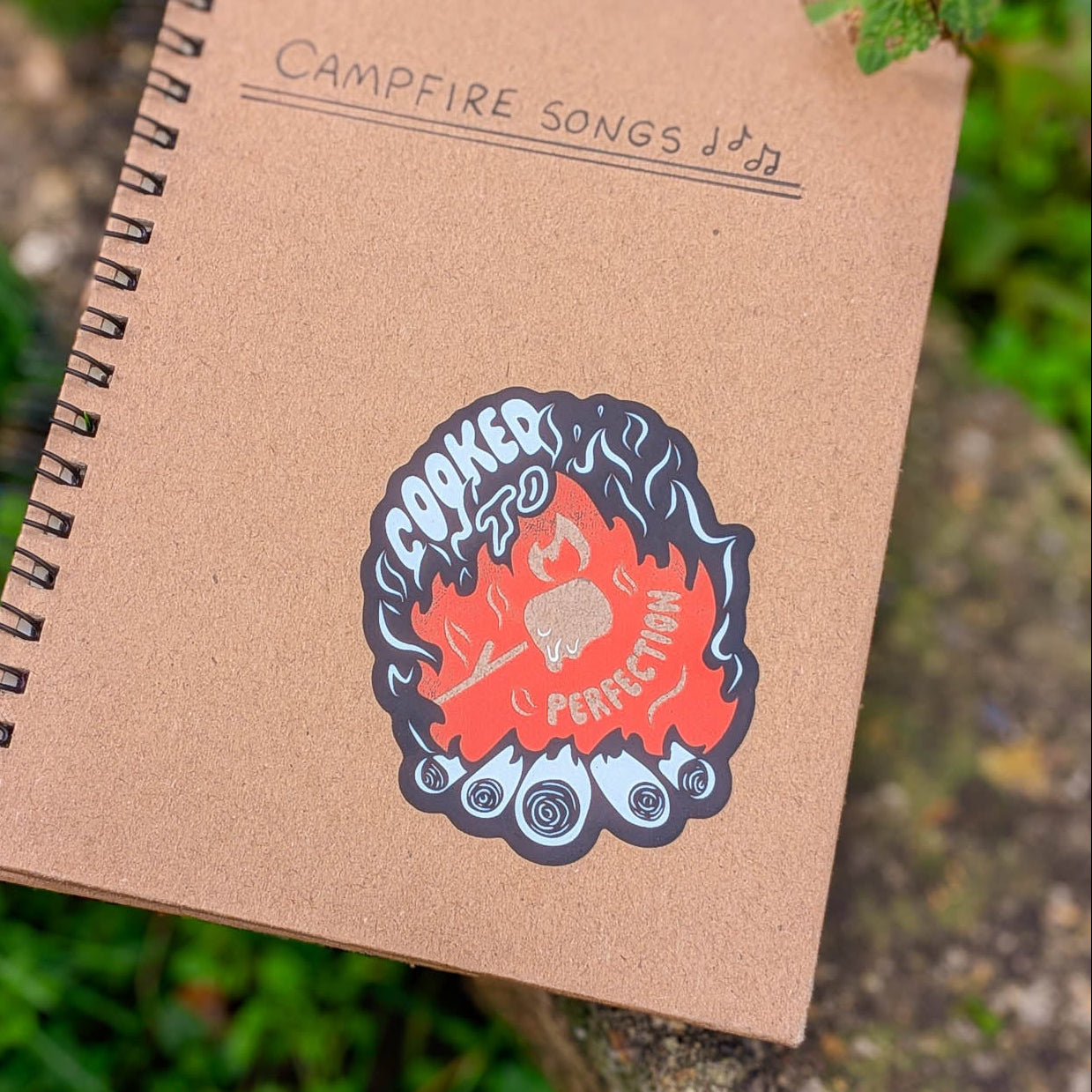 Brown notebook with a sticker on a natural background. Sticker shows marshmallow cooking over a campfire with the text 'cooked to perfection'.