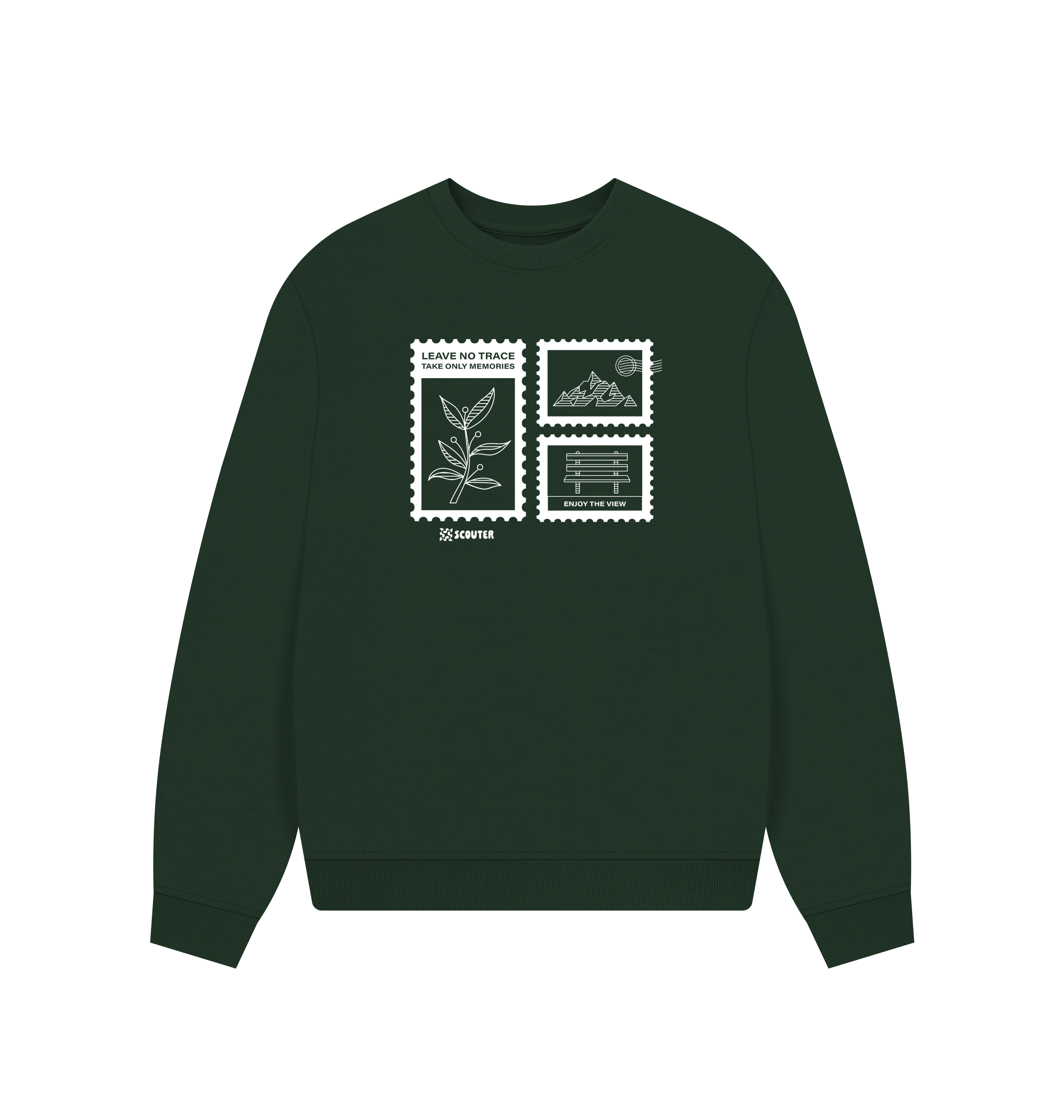 Oversized evergreen Printed Sweater Front showing mountains and plants in a stamp set design. Text reads 'Leave no trace. Take only memories. Enjoy the view'
