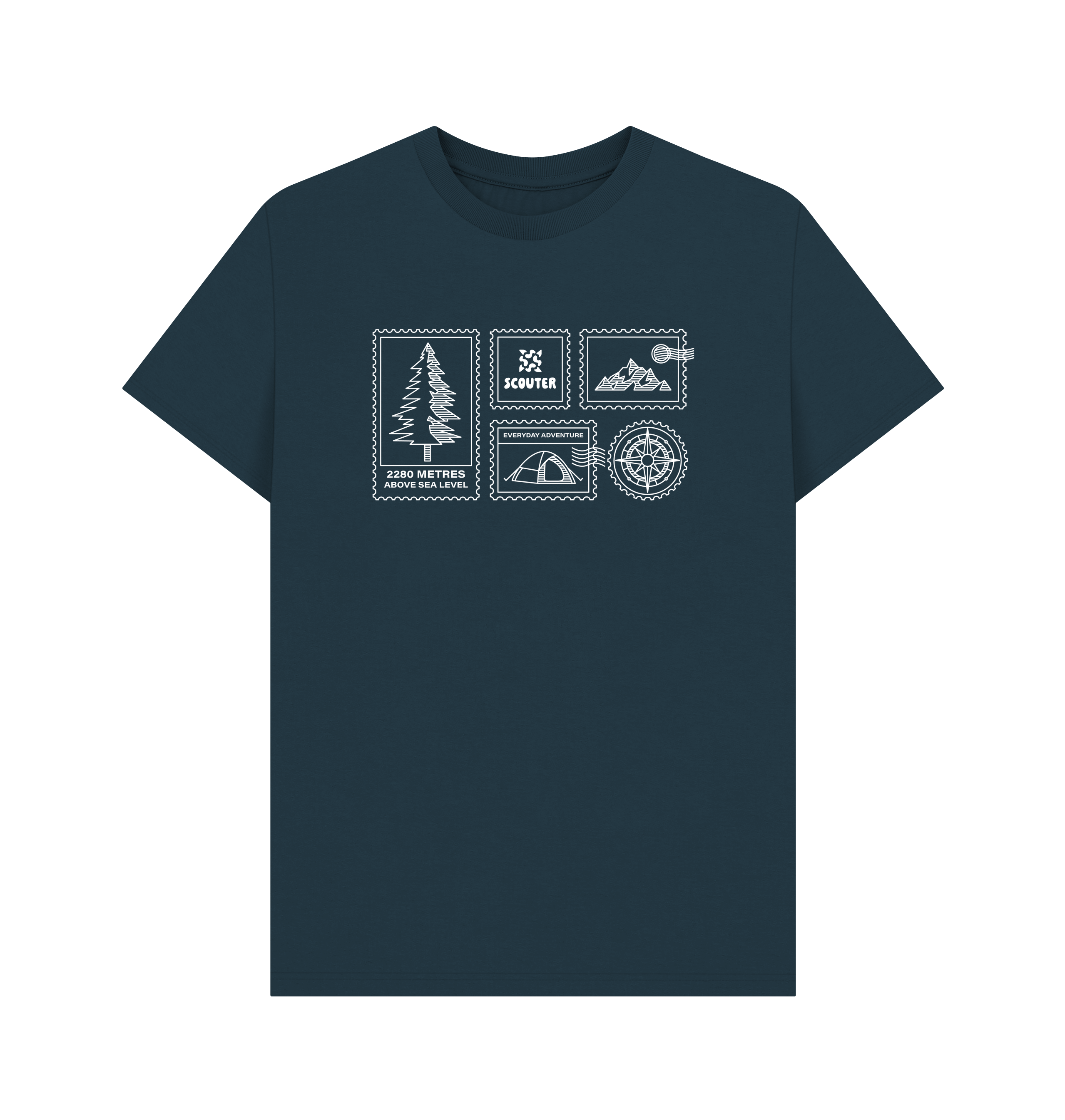 Front of denim blue coloured unisex t-shirt. Print design shows a pine tree, mountains, compass, tent and Scouter logo displayed as stamps. Graphic is white line art.