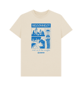 Front of beige t-shirt. T-shirt features large blue print of Scouts around a campfire, a campsite with tents, a camp lantern and trees. Top text reads 'Reconnect'. Bottom text in cursive reads 'Meet me at the campfire'. Scouter logo sits at the bottom of the design.