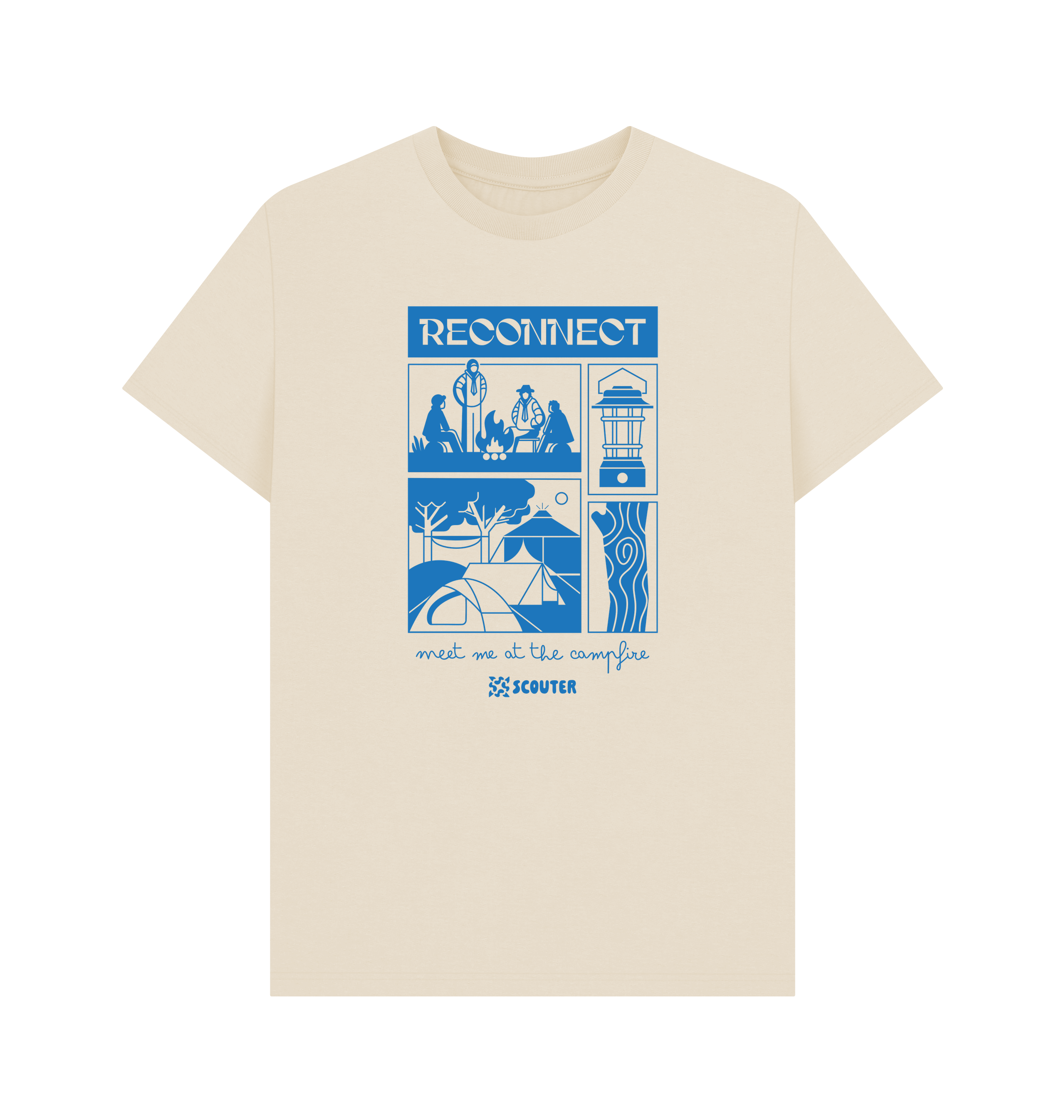 Front of beige t-shirt. T-shirt features large blue print of Scouts around a campfire, a campsite with tents, a camp lantern and trees. Top text reads 'Reconnect'. Bottom text in cursive reads 'Meet me at the campfire'. Scouter logo sits at the bottom of the design.